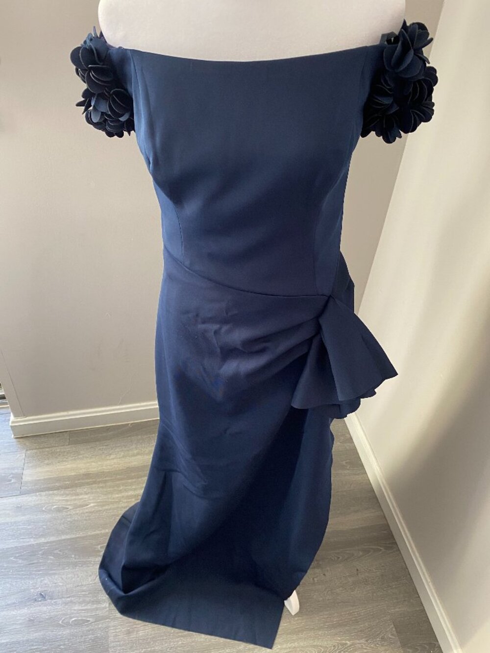 Navy Floral Off Shoulder Ruched Dress